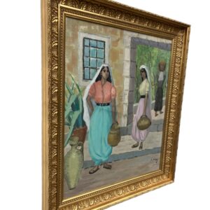 Mediterranean Village Scene with Women Carrying Water Jars Oil Painting, Vintage Scandinavian Wall - Image 3