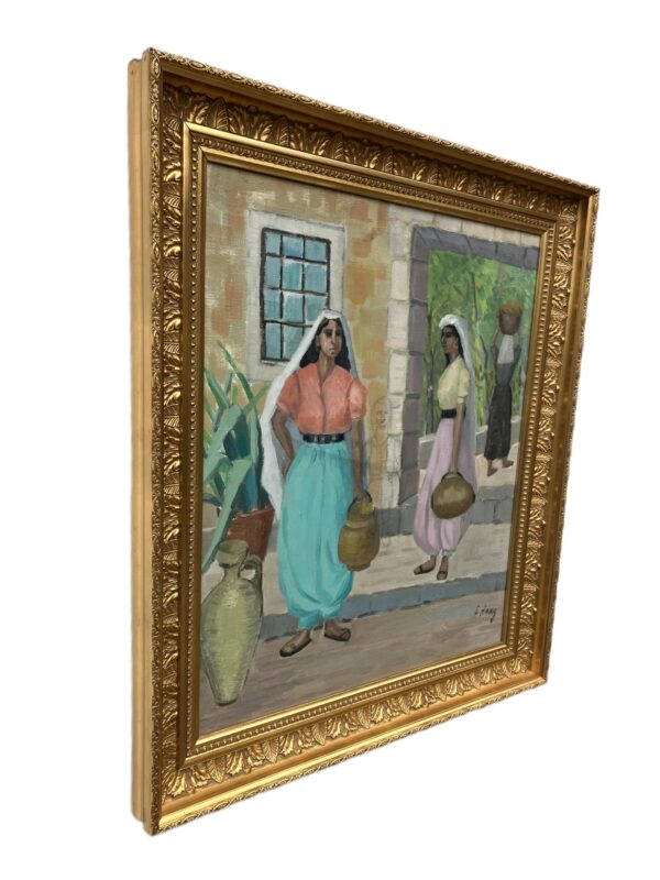 Mediterranean Village Scene with Women Carrying Water Jars Oil Painting, Vintage Scandinavian Wall