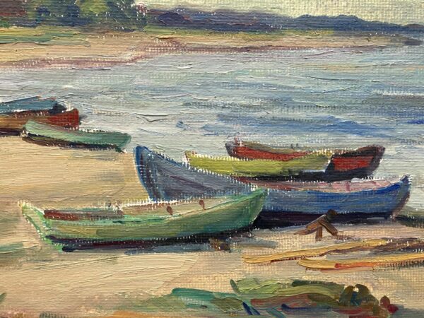 Scandinavian Beach Boats Oil Painting, Vintage Nordic Coastal Wall Art
