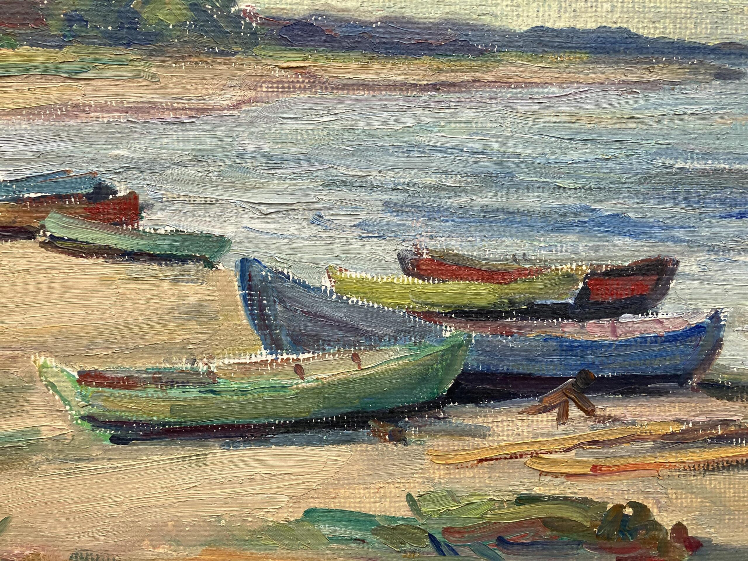 Scandinavian Beach Boats Oil Painting, Vintage Nordic Coastal Wall Art - Image 4