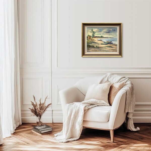 Scandinavian Beach Boats Oil Painting, Vintage Nordic Coastal Wall Art