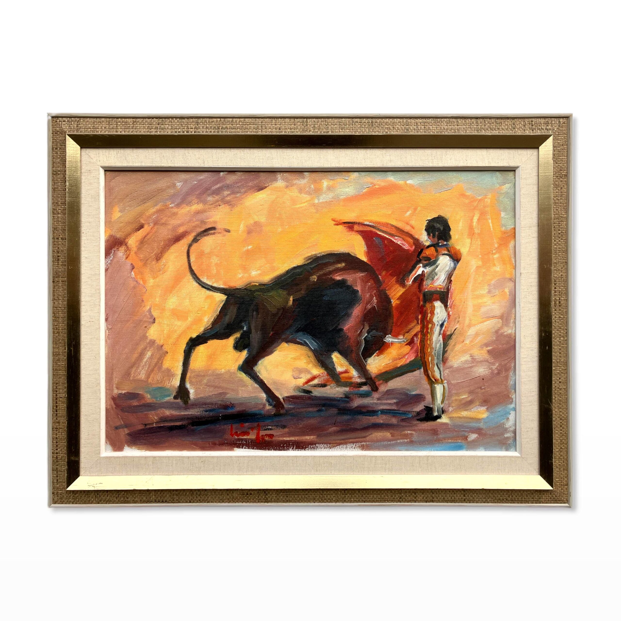 Spanish Bullfight Scene, Large Vintage Oil Painting, European Decor - Image 1