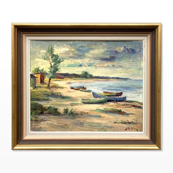 Scandinavian Beach Boats Oil Painting, Vintage Nordic Coastal Wall Art