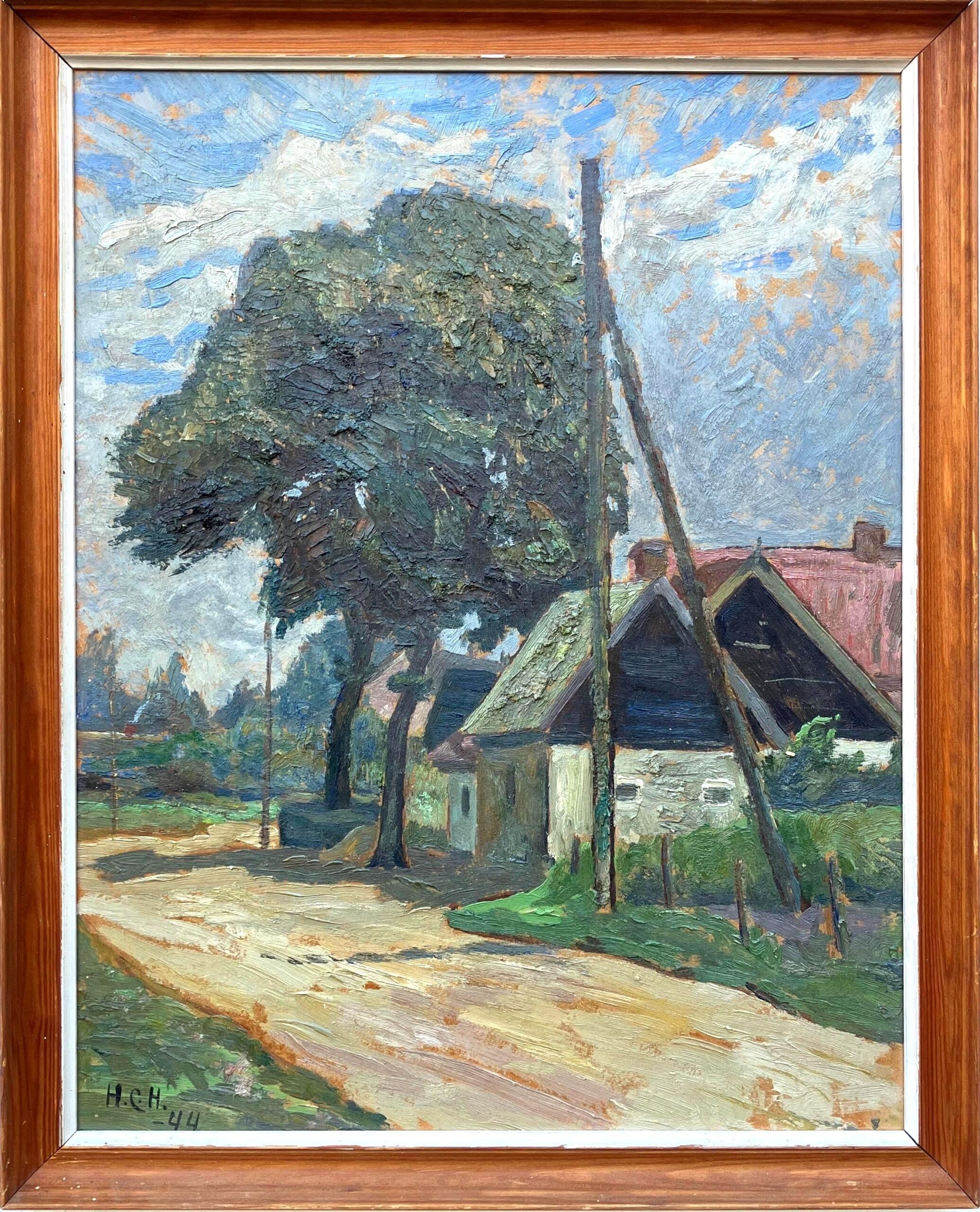 Vintage Danish Rural Road Landscape – Farmhouse Scene Denmark - Original Oil Painting 1944 - Image 1