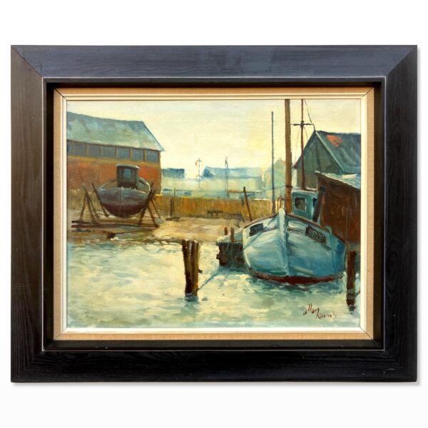 Fishing Boats Harbor Painting, Oil on Canvas, Scandinavian 1960s