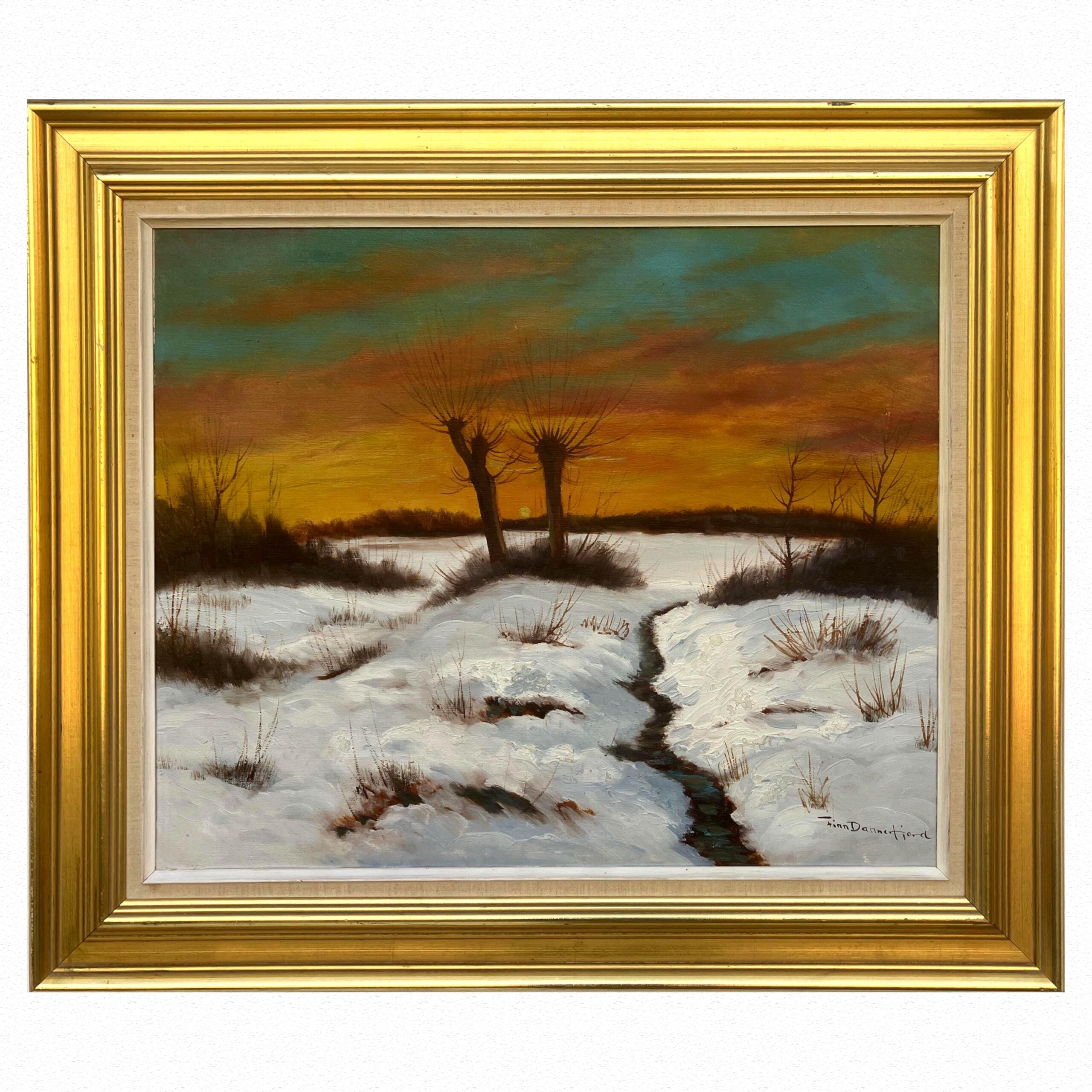 Vintage Impressionist Oil Painting by Finn Dannerfjord - Snowy Sunset Landscape, Framed Danish Fine Art - Image 1