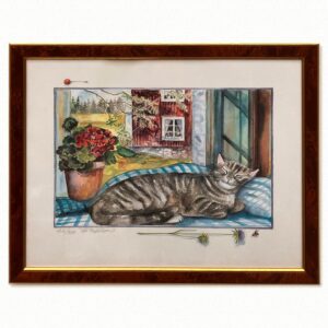Signed Watercolor Print – Framed Swedish Art, Cat in Sunlit Window