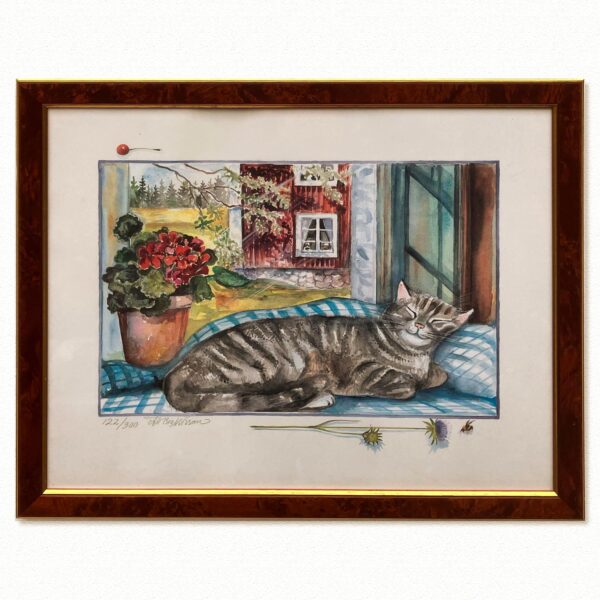 Signed Watercolor Print – Framed Swedish Art, Cat in Sunlit Window