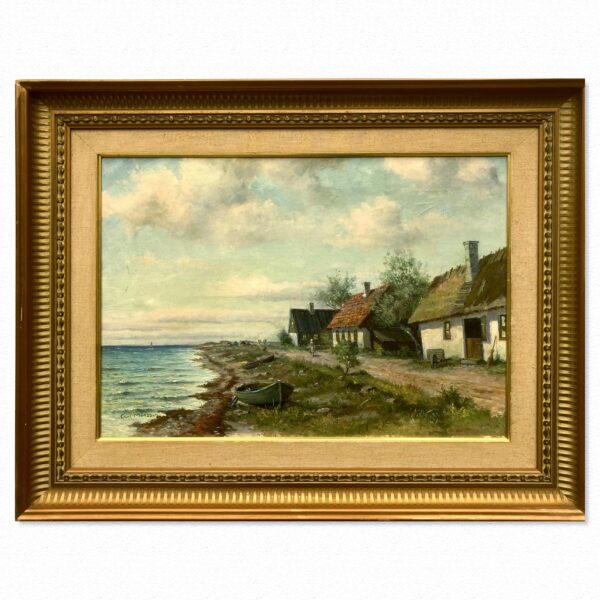 Vintage Swedish Oil Painting – Scandinavian Coastline, Framed Impressionist Art