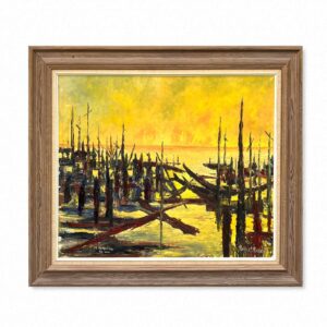 Vintage Danish Oil Painting – Sunset Landscape, Expressionist Water Scene, 1970s Art
