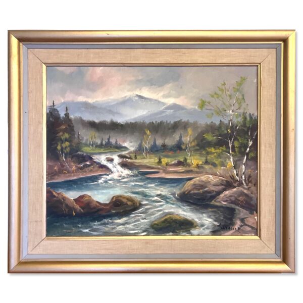 River Landscape with Waterfall, Original Oil on Canvas, Mid-20th Century