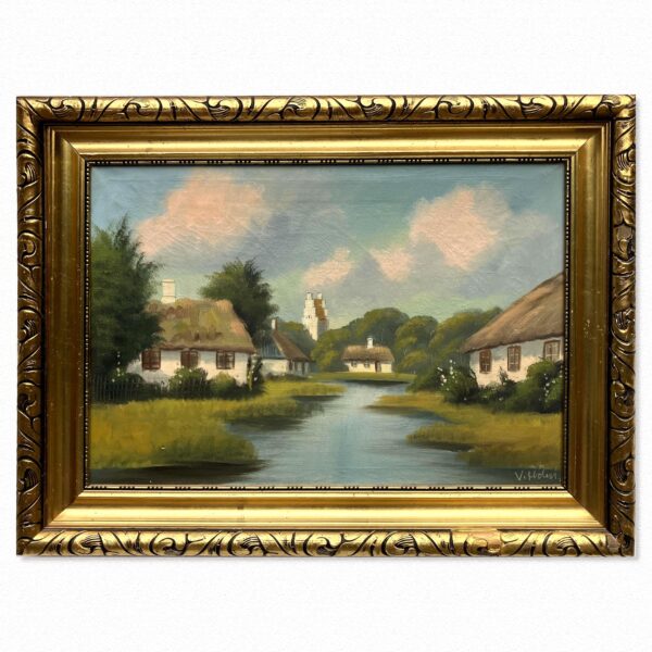 Original Danish Realist Oil Painting – Rural Cottages by River, Framed  Fine Art