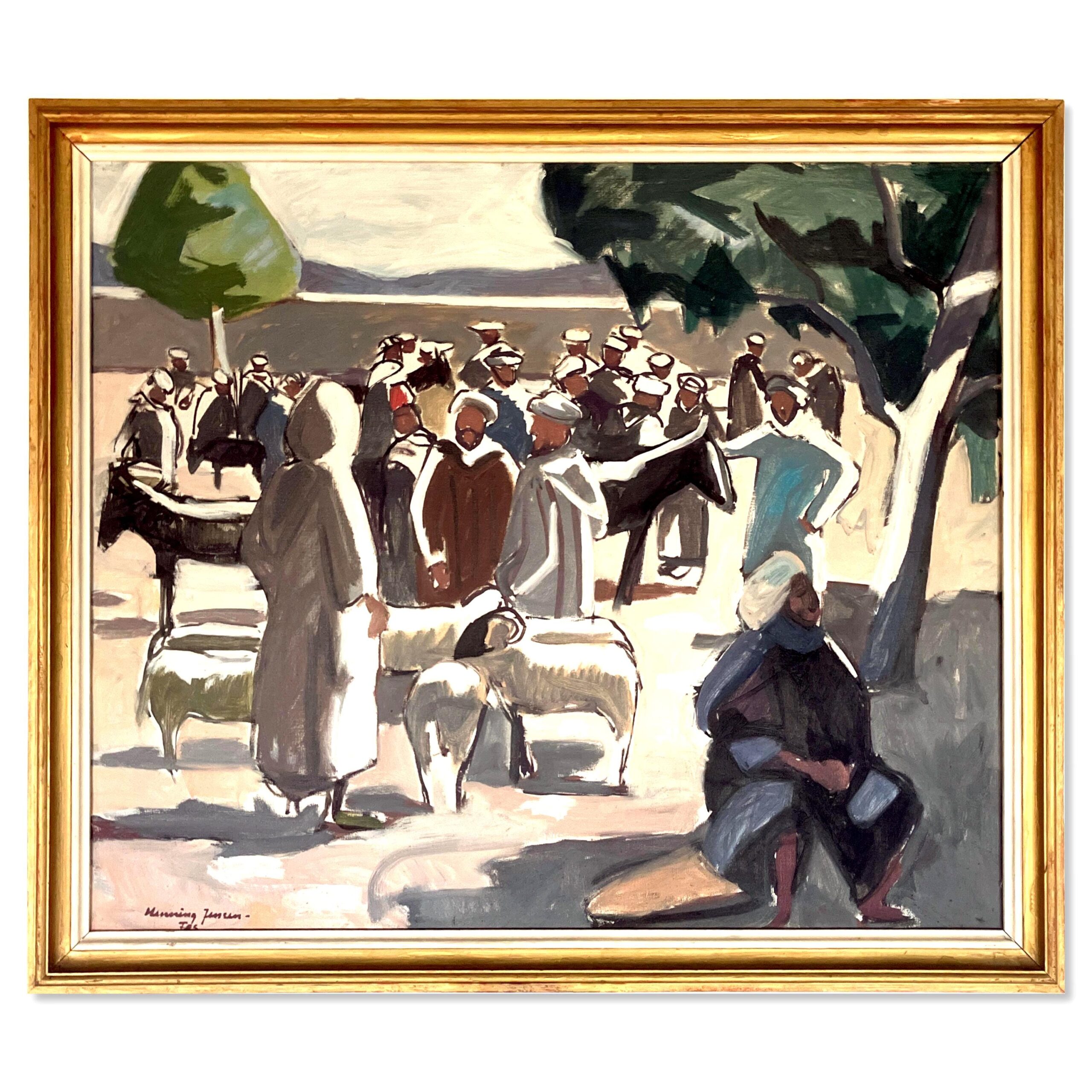 Large Moroccan Market Scene Oil Painting 1950s – Danish Figurative Art - Image 1