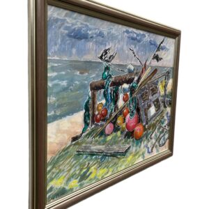 Fishing Gear Still Life, Vintage Oil Painting, Swedish Coastal Decor - Image 3