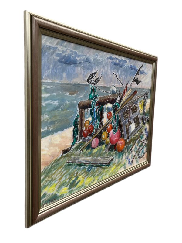 Fishing Gear Still Life, Vintage Oil Painting, Swedish Coastal Decor