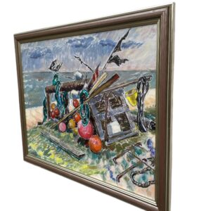 Fishing Gear Still Life, Vintage Oil Painting, Swedish Coastal Decor - Image 4