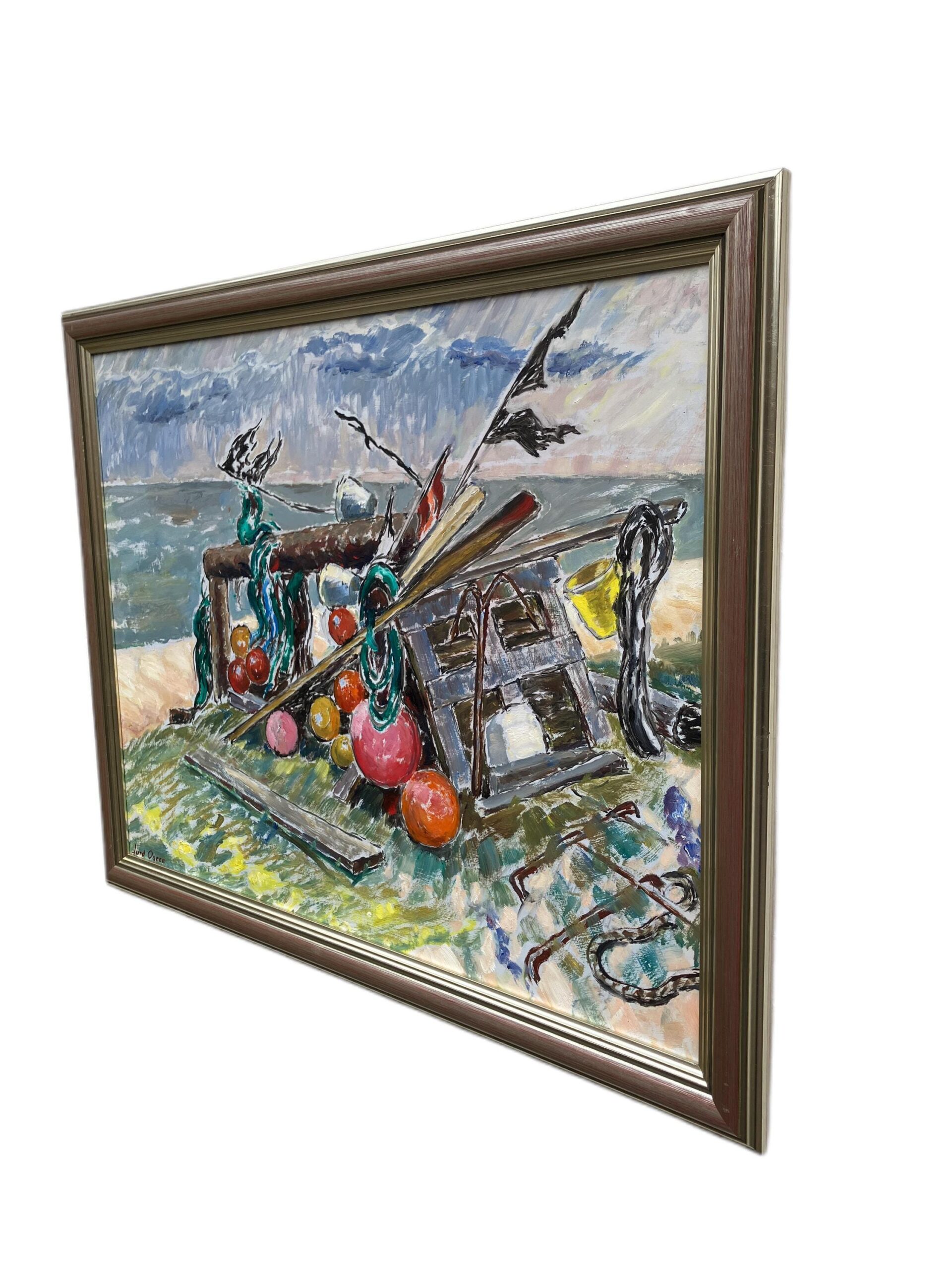 Fishing Gear Still Life, Vintage Oil Painting, Swedish Coastal Decor - Image 4