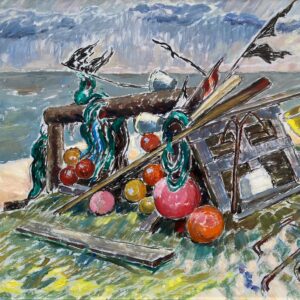 Fishing Gear Still Life, Vintage Oil Painting, Swedish Coastal Decor - Image 5