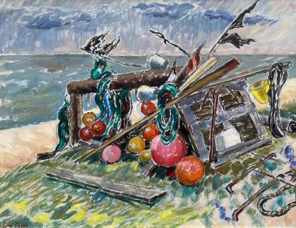 Fishing Gear Still Life, Vintage Oil Painting, Swedish Coastal Decor