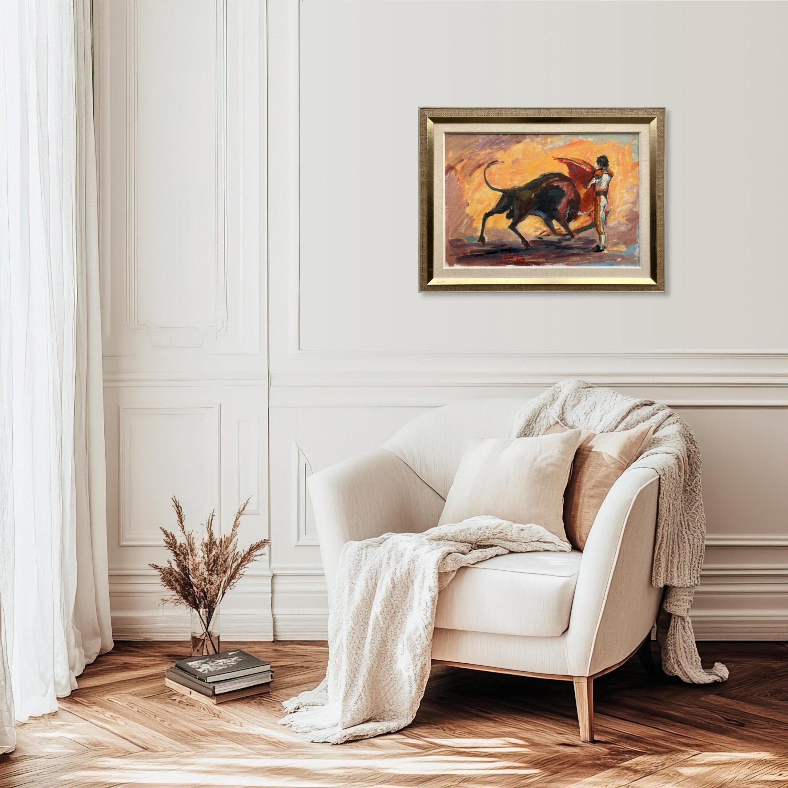 Spanish Bullfight Scene, Large Vintage Oil Painting, European Decor - Image 3