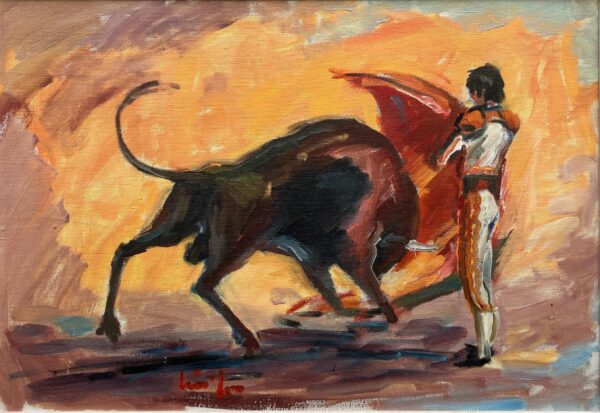 Spanish Bullfight Scene, Large Vintage Oil Painting, European Decor