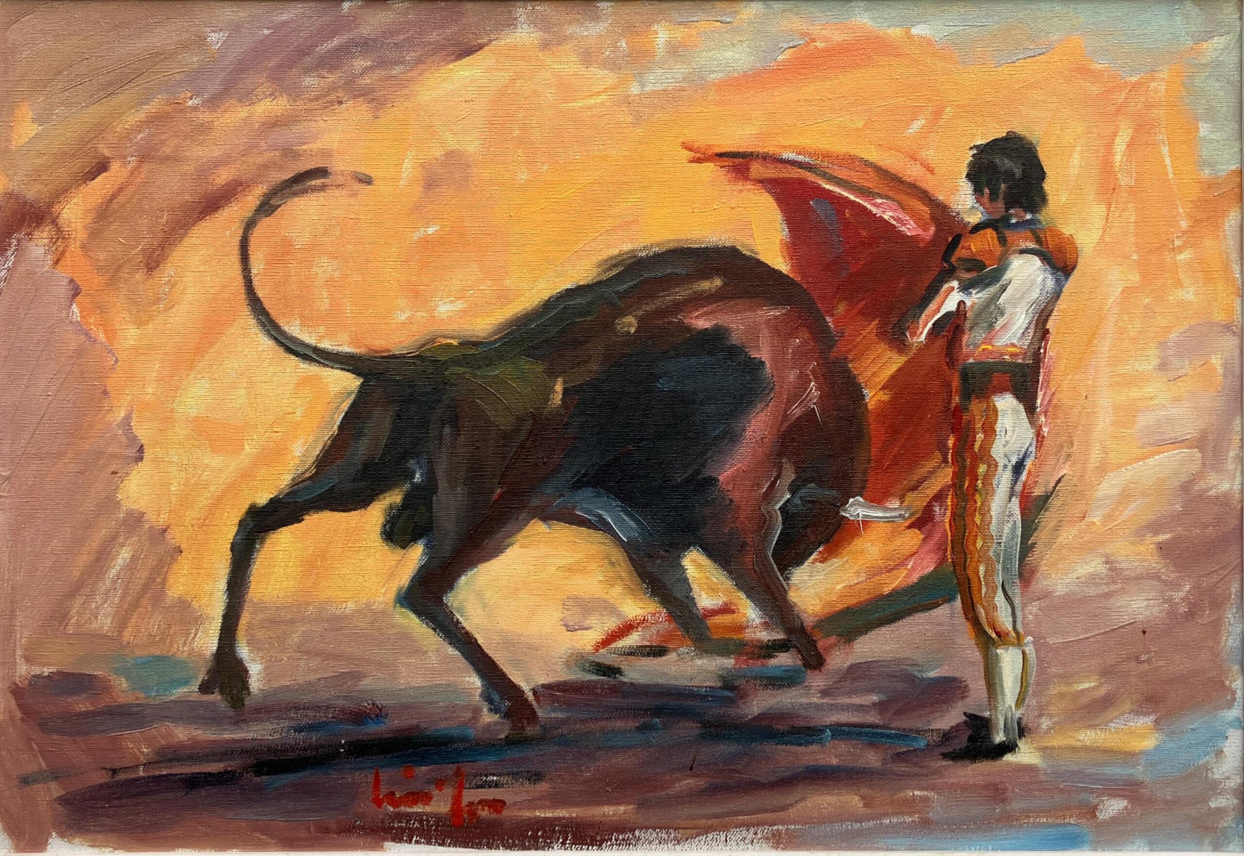 Spanish Bullfight Scene, Large Vintage Oil Painting, European Decor - Image 6