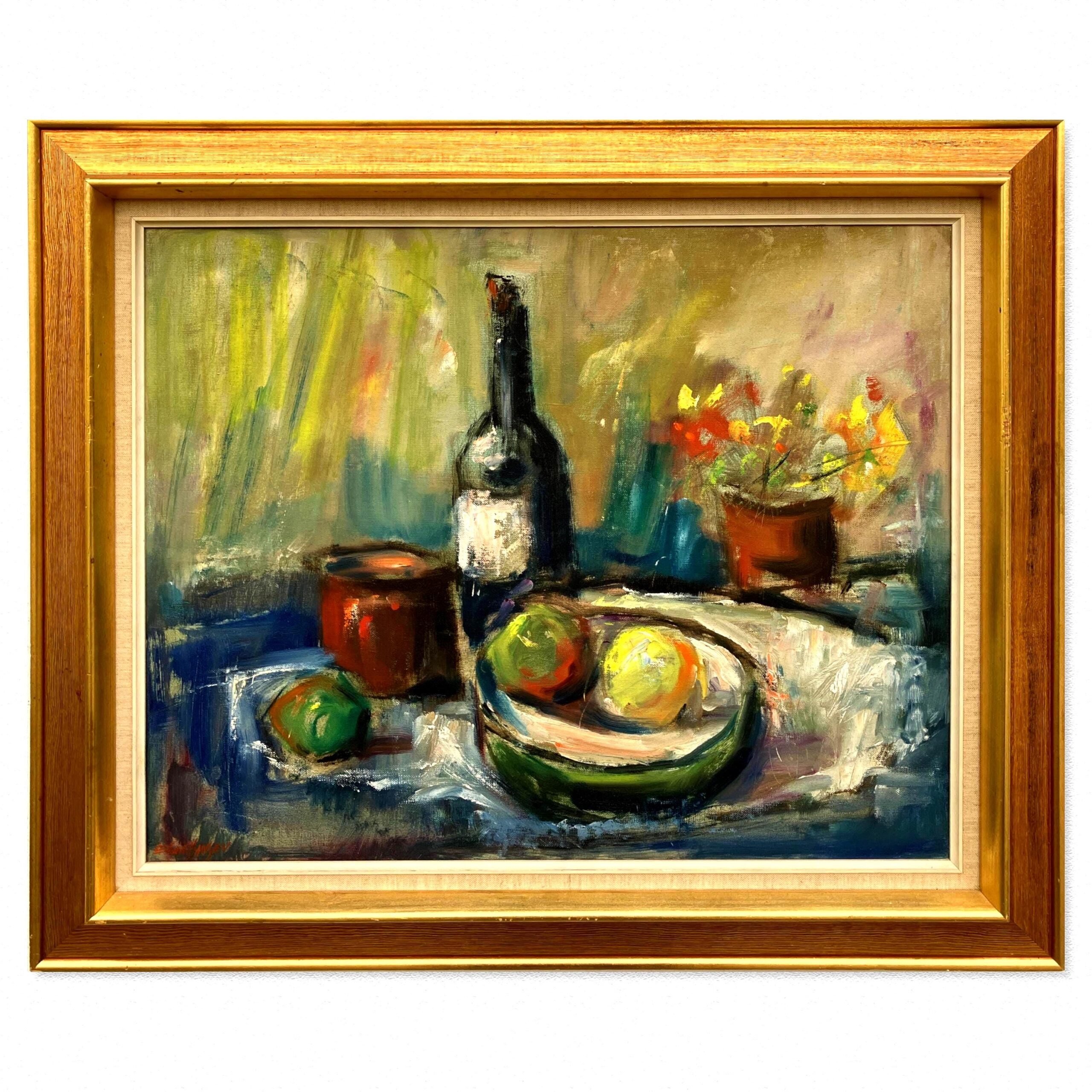 Original oil painting, Large still life fruit wine bottle flowers, Expressionist, Scandinavian kitchen decor