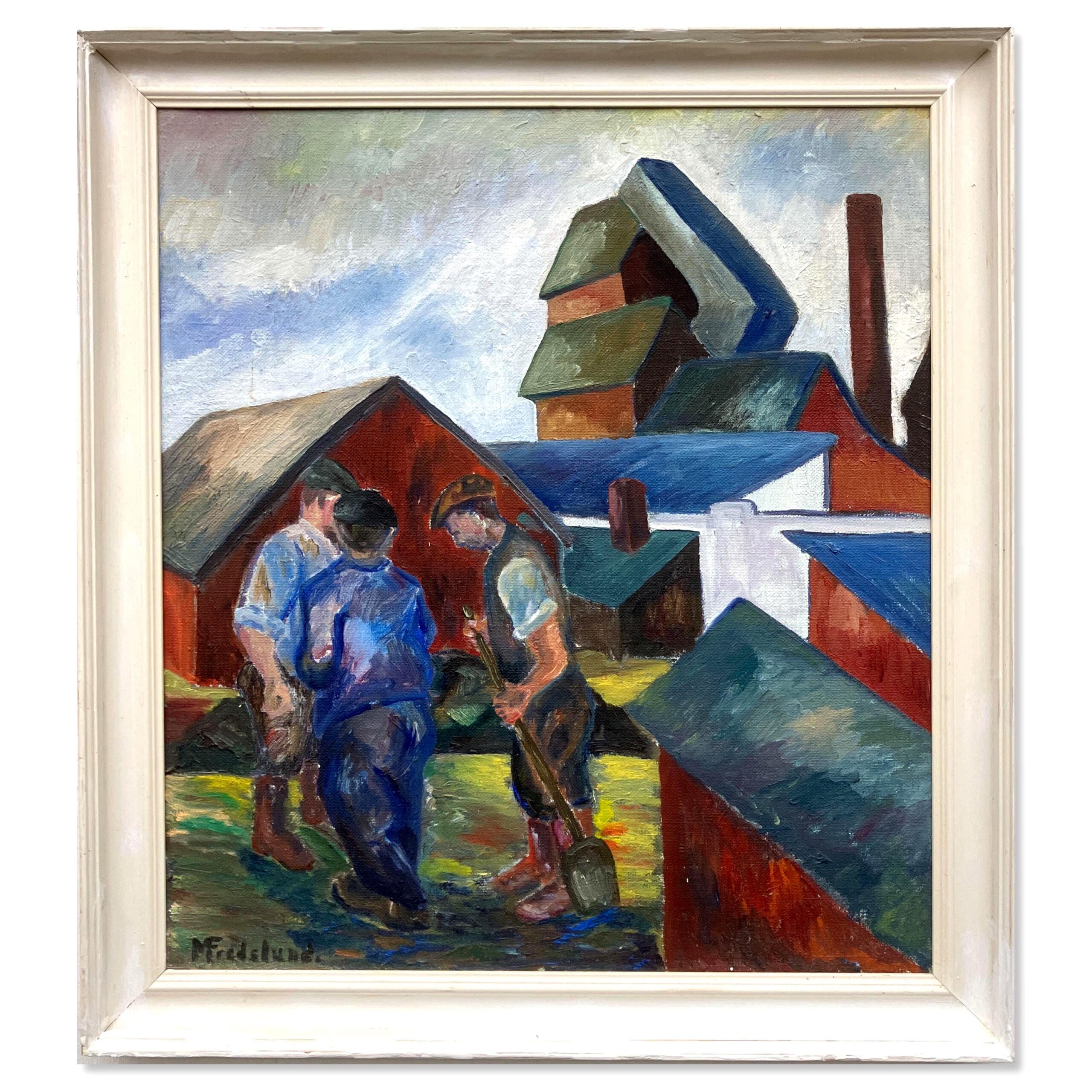 Scandinavian Figurative Oil Painting of Farm Workers, Mid-Century Modern Style