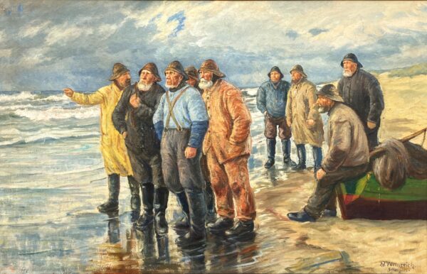 Fishermen Painting, Skagen Oil Painting, Danish Coastal Decor