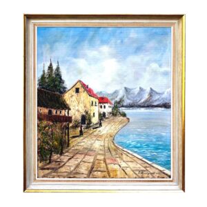 Vintage Oil Painting - Southern European village scene - original art - oil on canvas - signed