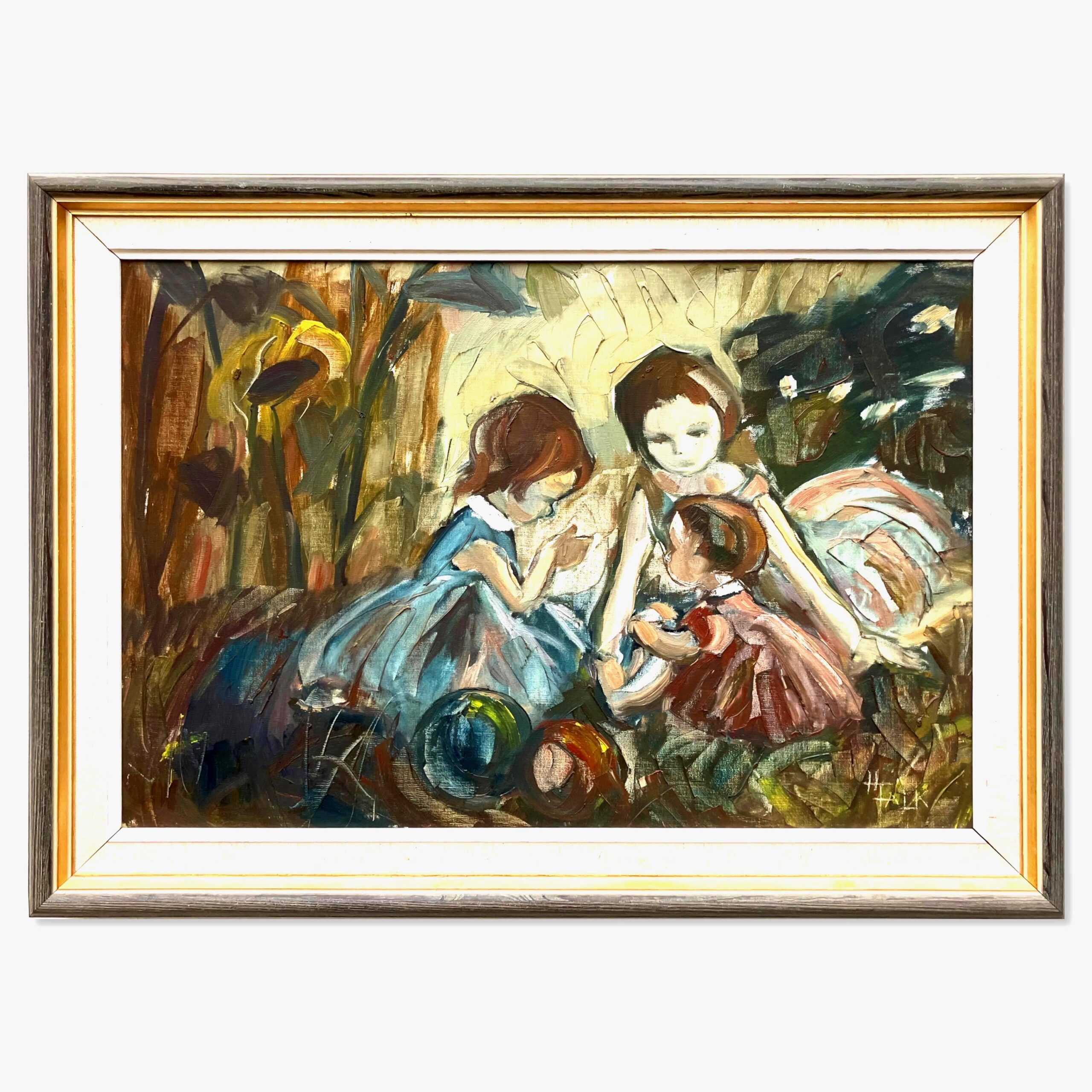 Vintage Figurative Oil Painting of Children Playing, Scandinavian Modern, - Image 1