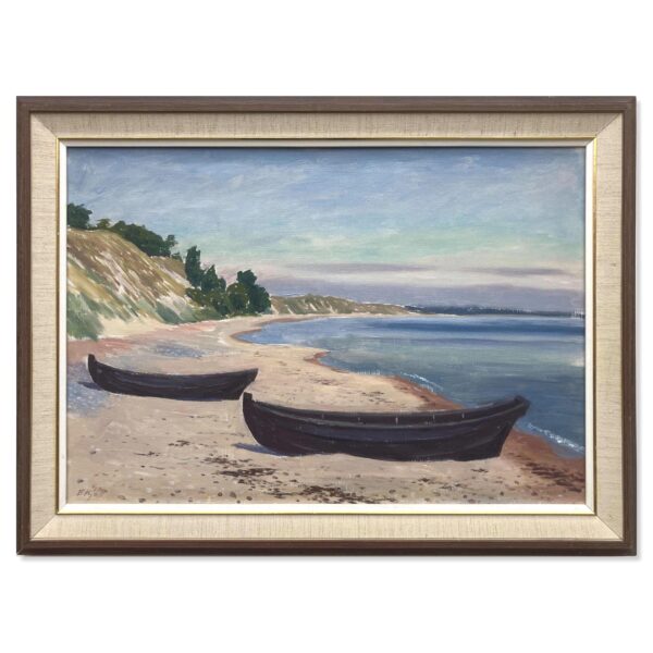 Swedish Figurative Coastal Landscape with Boats – Oil on Canvas