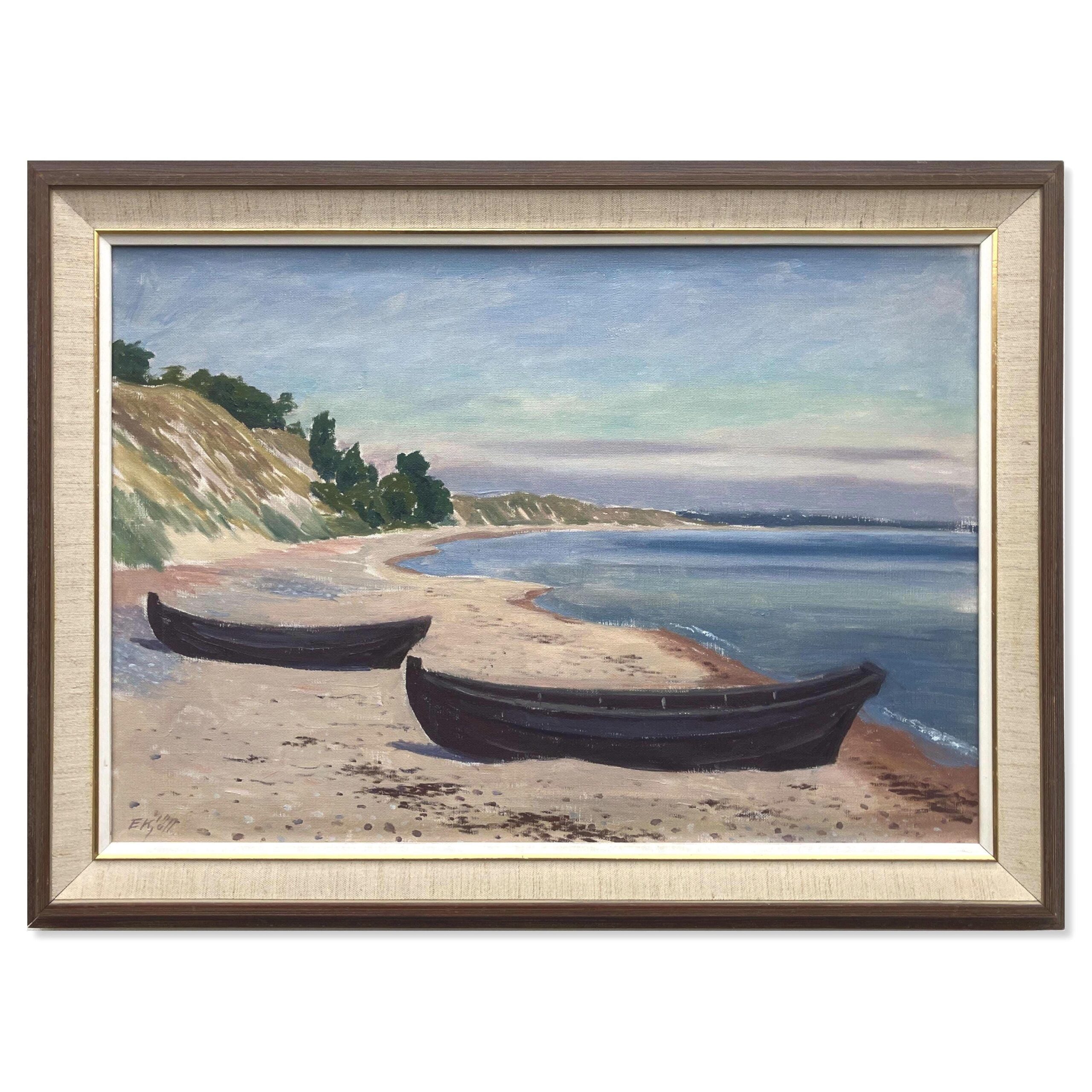 Swedish Figurative Coastal Landscape with Boats – Oil on Canvas - Image 1