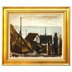 Large Danish Coastal Village Painting: 1970s Naïve Expressionist Art, Framed Original Artwork