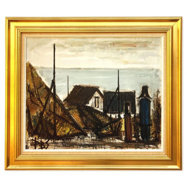 Large Danish Coastal Village Painting: 1970s Naïve Expressionist Art, Framed Original Artwork