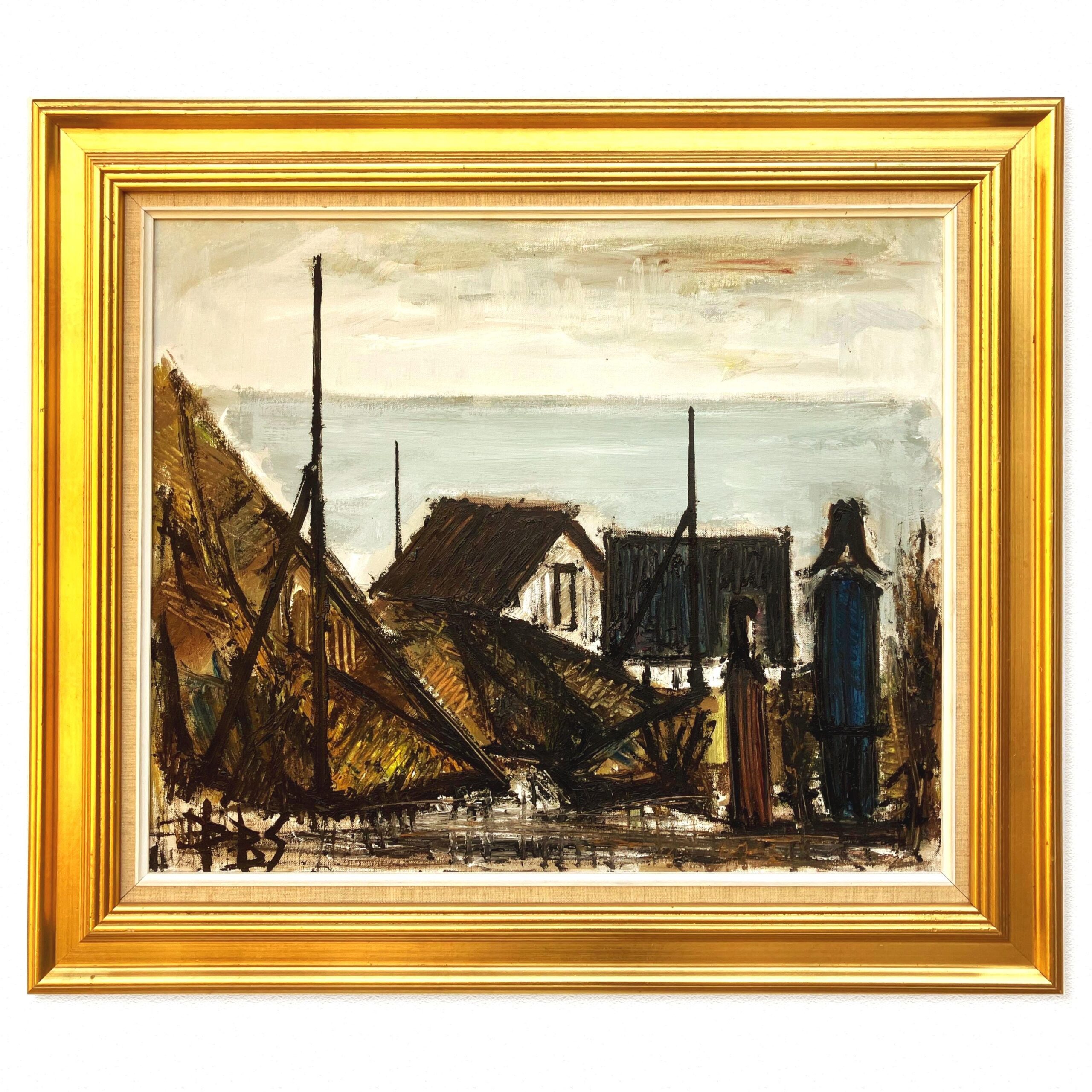 Large Danish Coastal Village Painting: 1970s Naïve Expressionist Art, Framed Original Artwork - Image 1