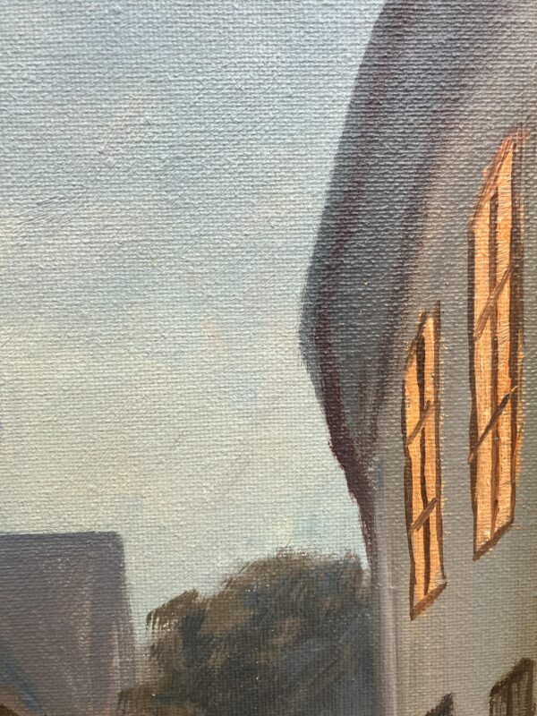 Original Danish Oil Painting, Street Scene at Dusk, Scandinavian Cityscape