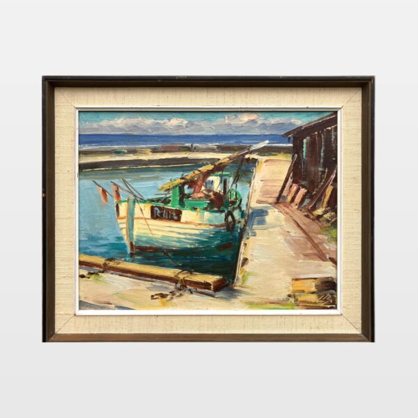 Harbor Scene with Fishing Boats Painting, Vintage Danish Oil Painting, Coastal Art