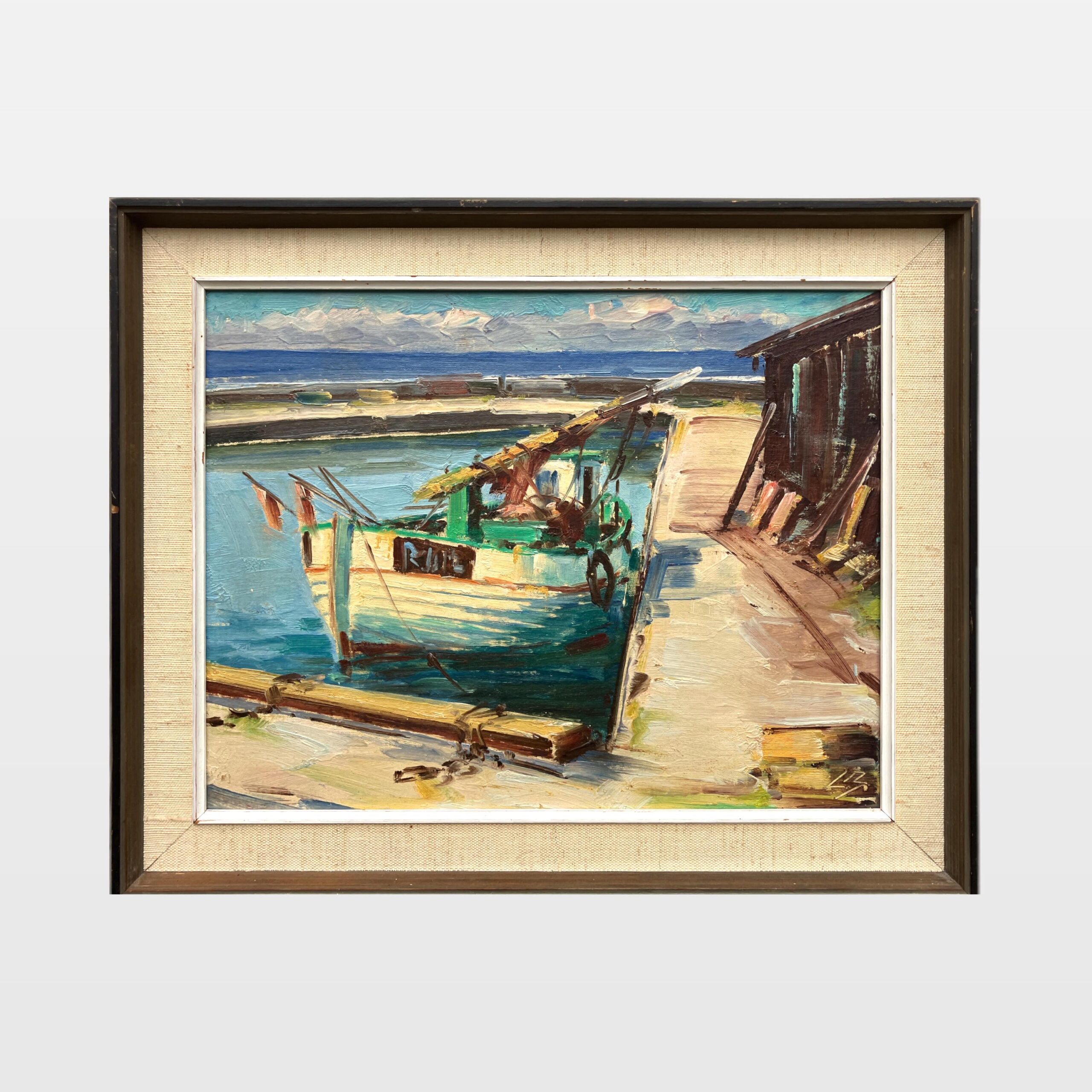 Harbor Scene with Fishing Boats Painting, Vintage Danish Oil Painting, Coastal Art