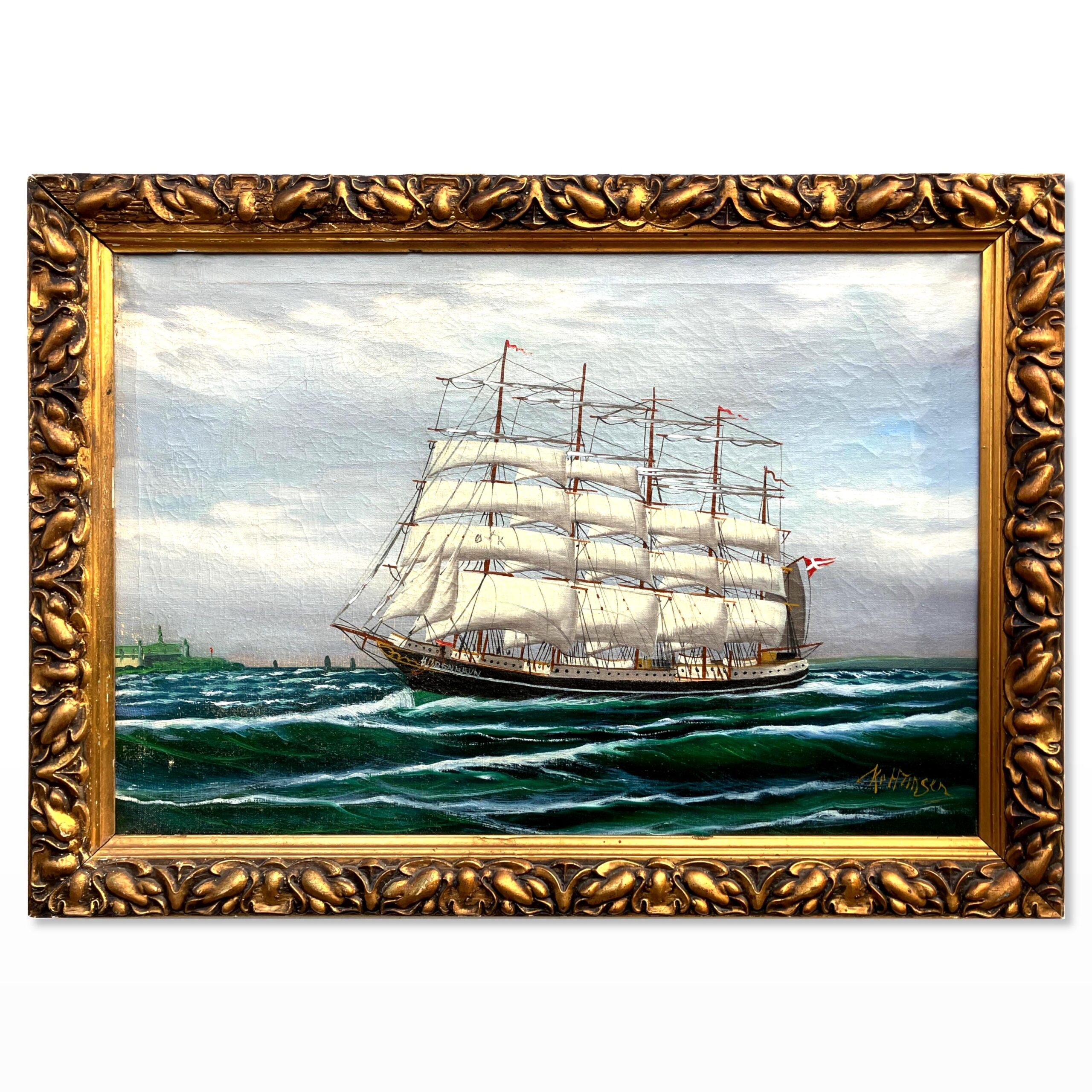 Tall Ship Oil Painting, Kronborg Castle Helsingor Oresund Maritime Scene - Image 1