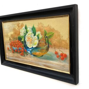 Roses and Cherries Still Life Painting, Antique Danish Oil Painting, Cottage Decor - Image 7
