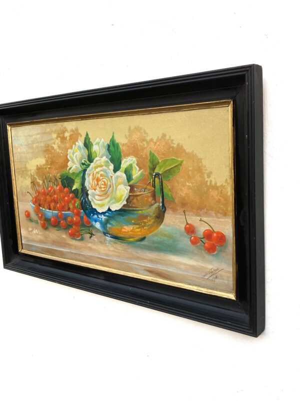 Roses and Cherries Still Life Painting, Antique Danish Oil Painting, Cottage Decor