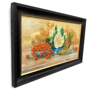 Roses and Cherries Still Life Painting, Antique Danish Oil Painting, Cottage Decor - Image 6