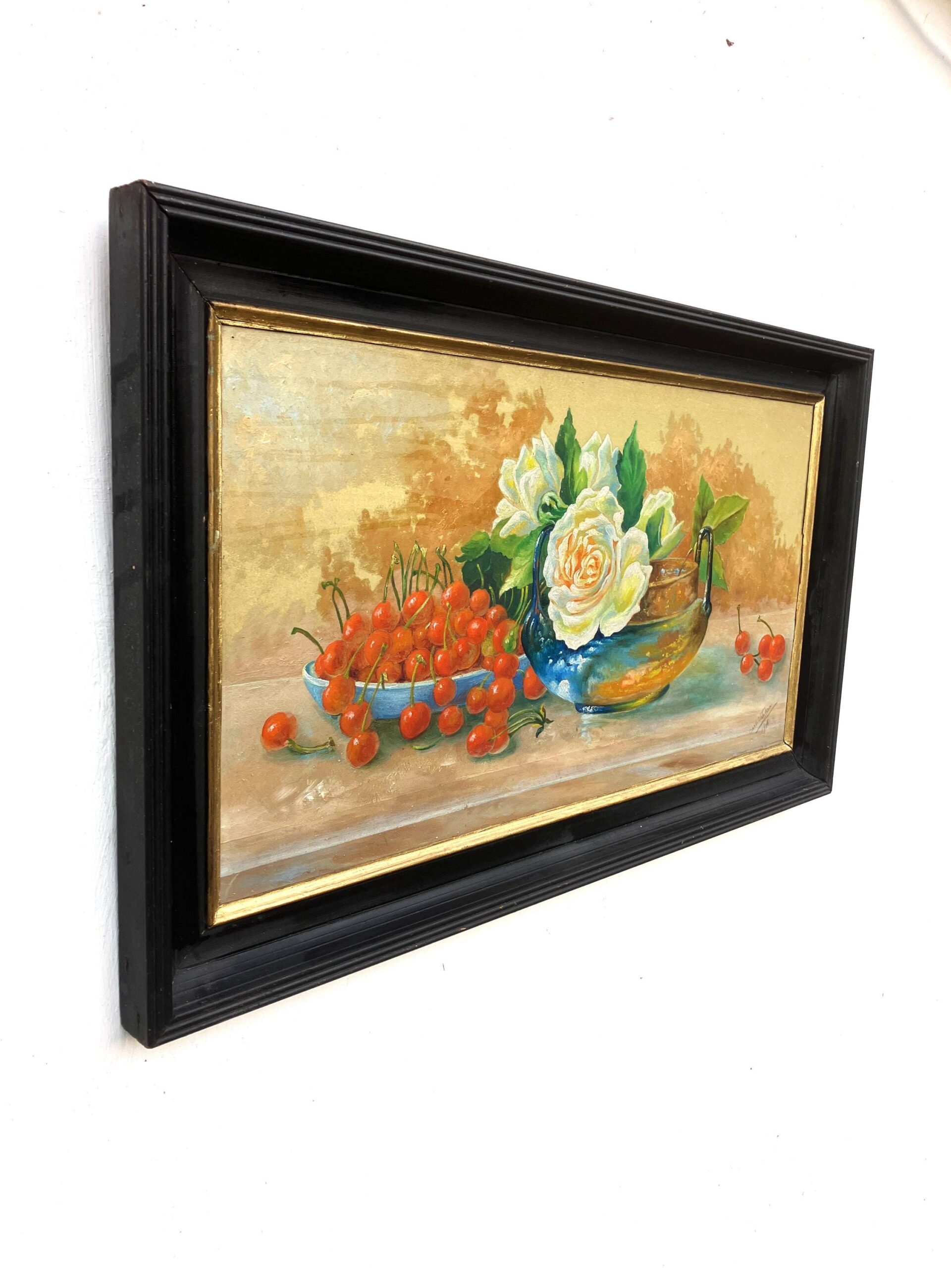 Roses and Cherries Still Life Painting, Antique Danish Oil Painting, Cottage Decor - Image 6