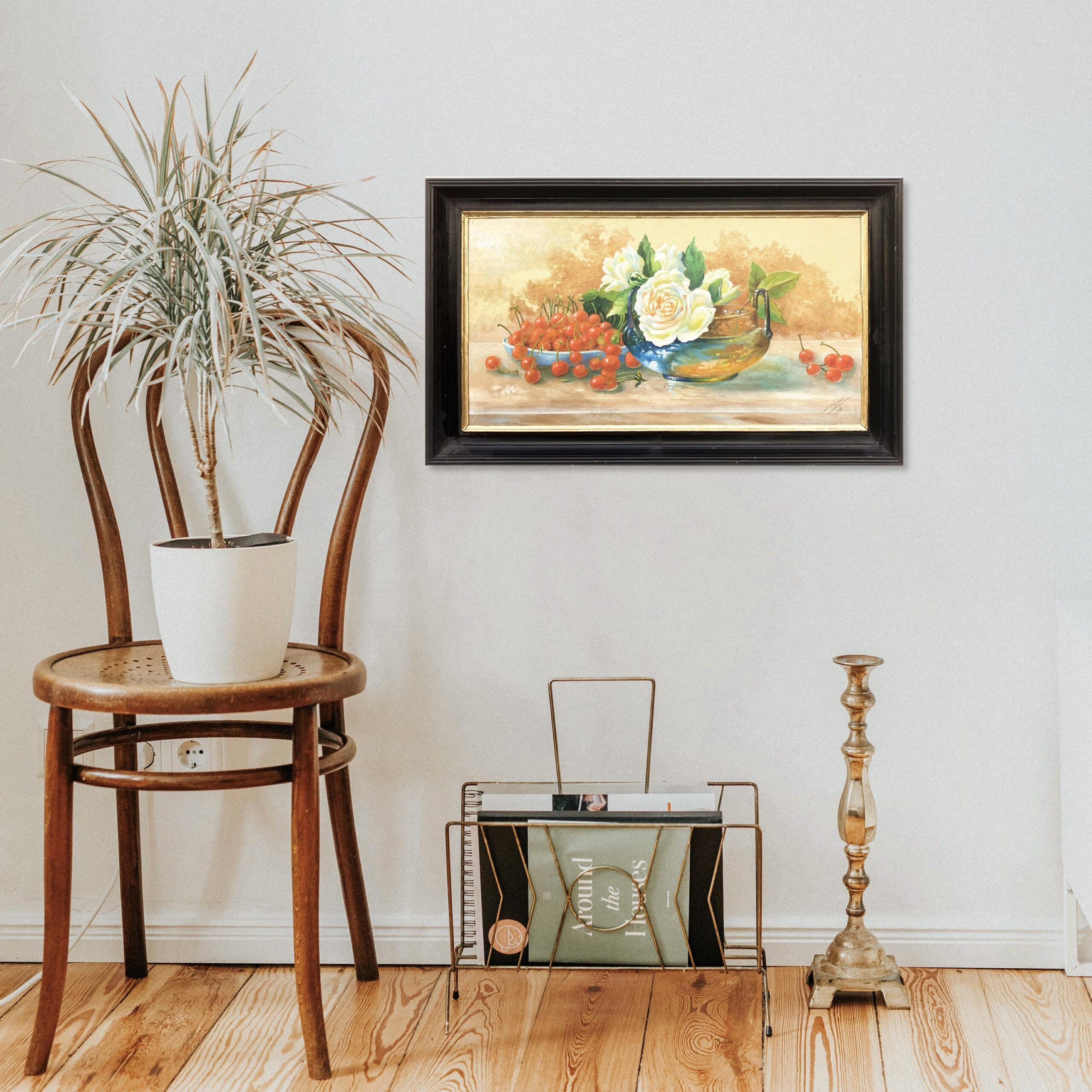 Roses and Cherries Still Life Painting, Antique Danish Oil Painting, Cottage Decor - Image 3