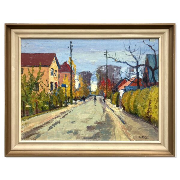 Vintage Oil Painting: Swedish Street Scene by Hjalmar Larsson, 1945 , Framed Original Swedish Art