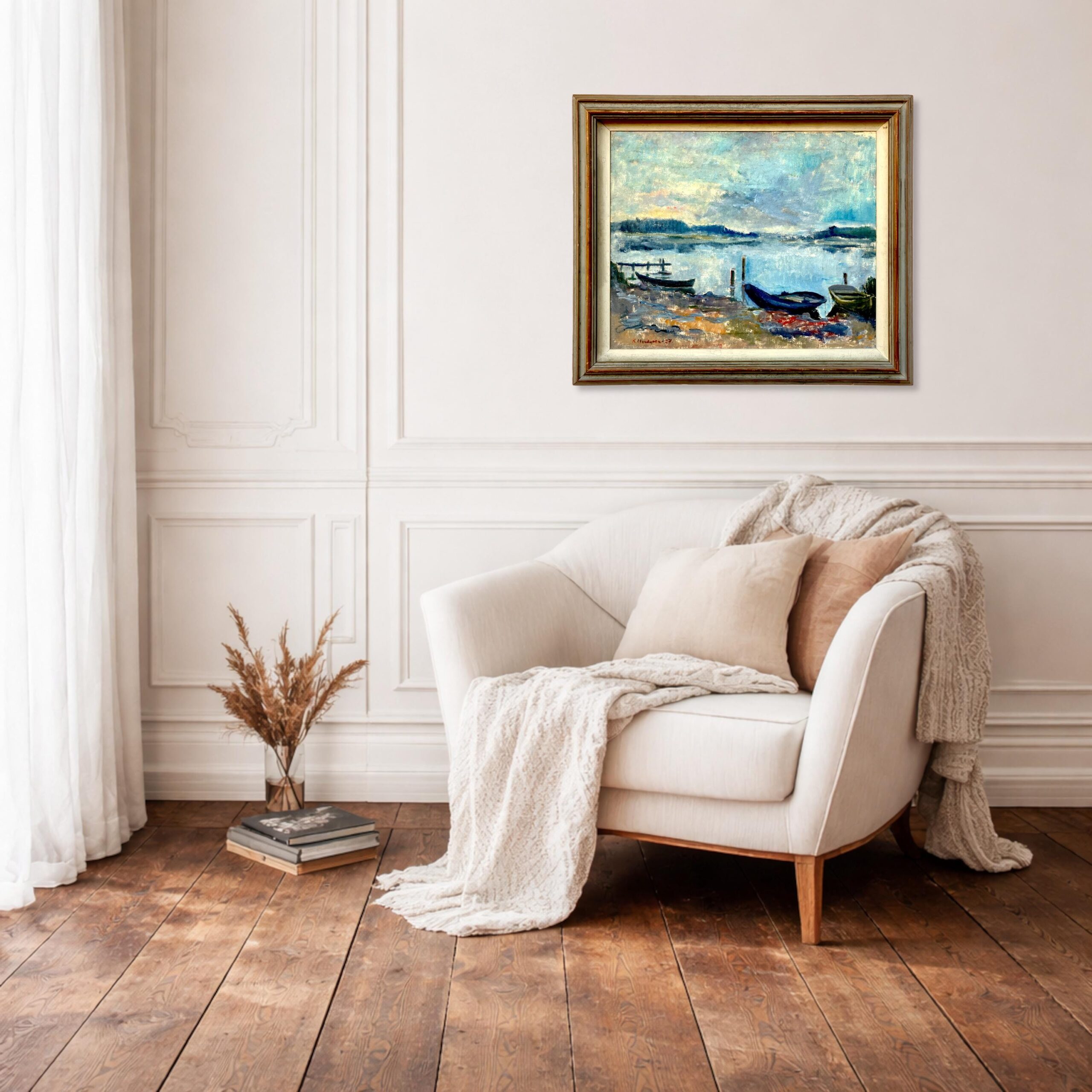 Large Coastal Seascape with Boats, Vintage Oil Painting, Scandinavian Coastal Decor - Image 4
