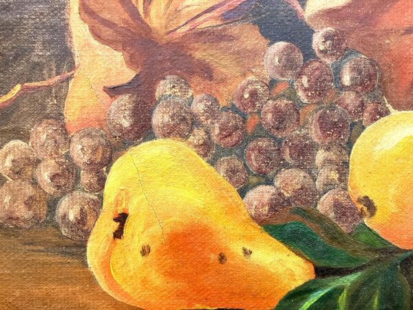 Still Life Painting Pears Grapes Autumn Leaves, Vintage Oil Painting, Cottage Decor