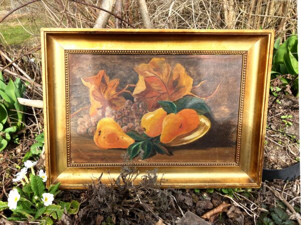 Still Life Painting Pears Grapes Autumn Leaves, Vintage Oil Painting, Cottage Decor