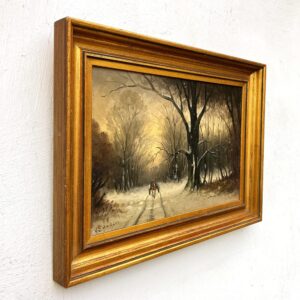 Scandinavian winter landscape with horse carriage, original oil painting, mid century decor - Image 3